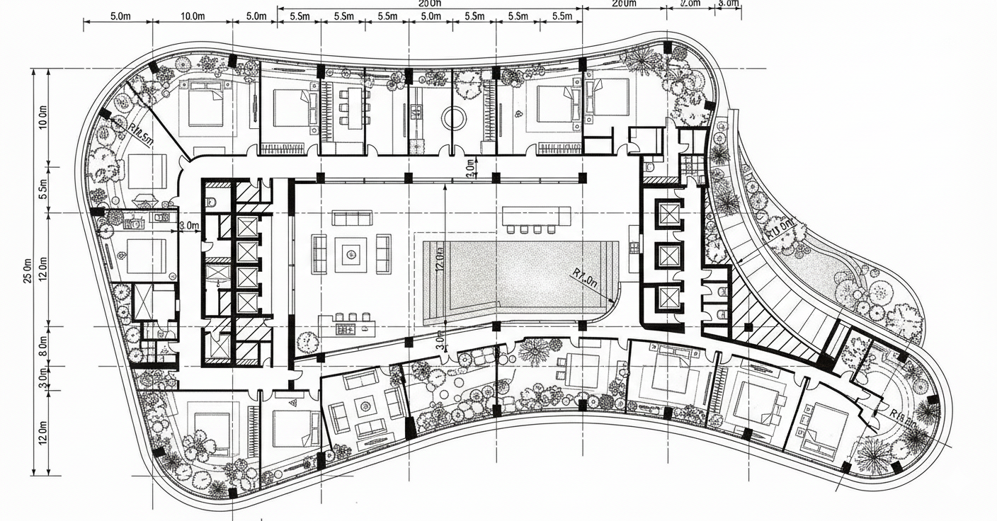 Projeto arquitetônico corporativo com layout aberto